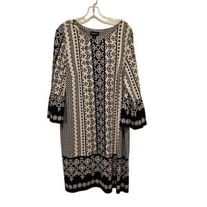 Liz Claiborne 3/4 Sleeve Shift Dress Black White Geometric Stretch sz 18 Office